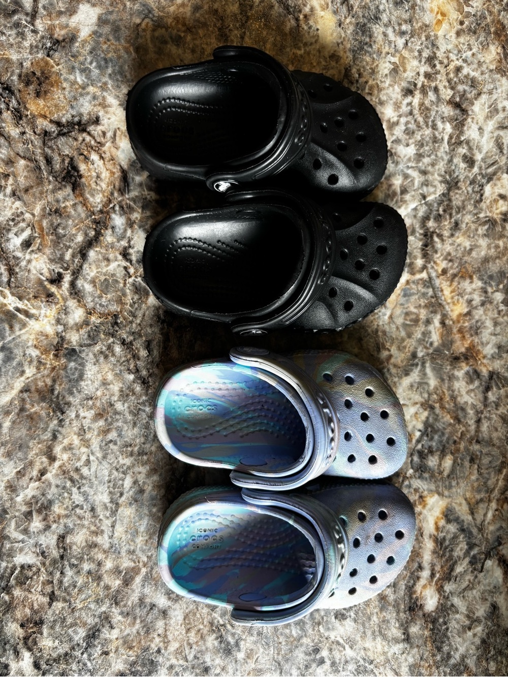 CROCS Kids Classic Clog Pair in Black and Iridescent